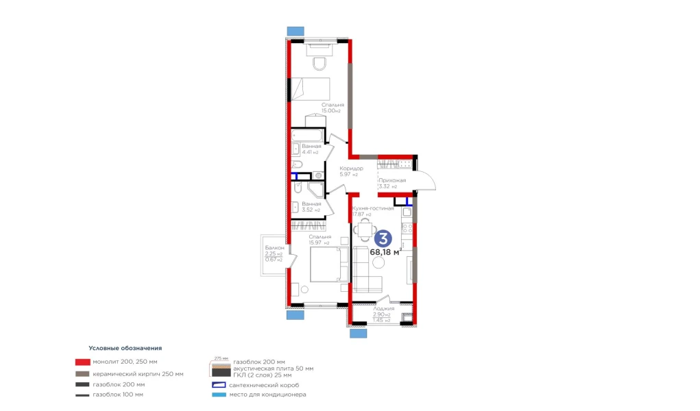 3-комнатная квартира 68.18 м²  6/6 этаж