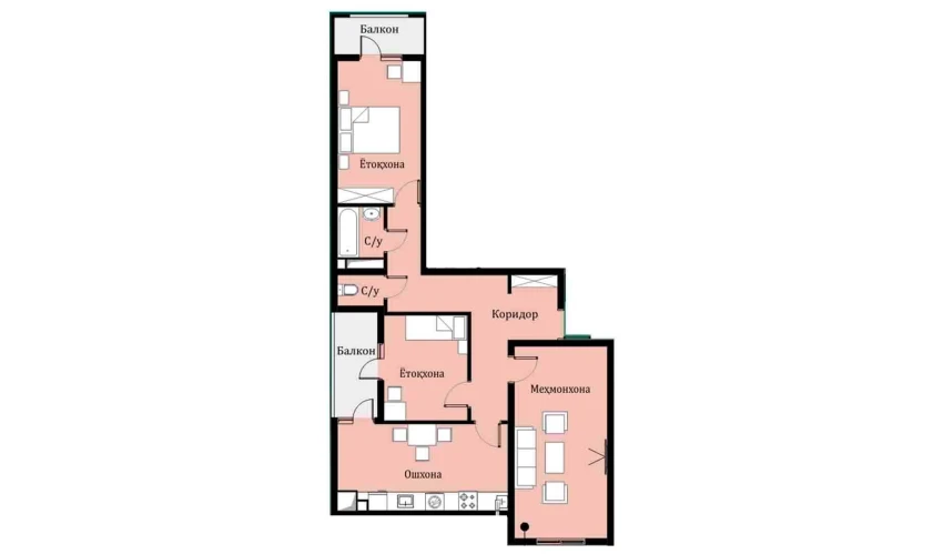 3-xonali xonadon 77.16 m²  14/16 qavat | SOKIN DIYOR Turar-joy majmuasi