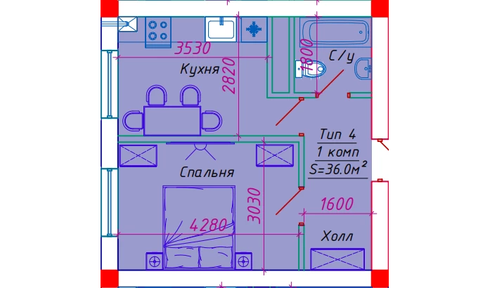 1-комнатная квартира 36 м²  4/4 этаж