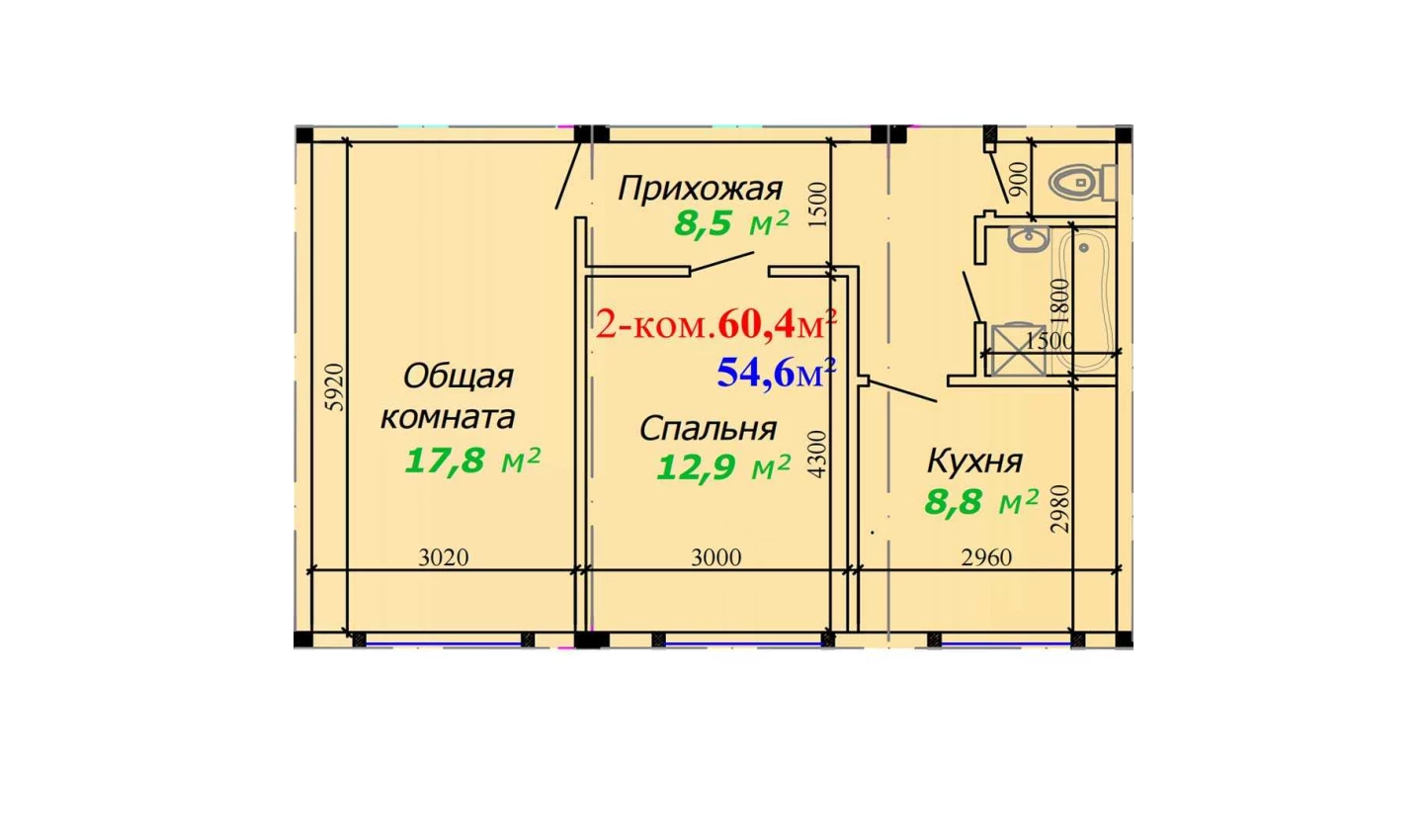 2-xonali xonadon 60.4 m²  1/1 qavat