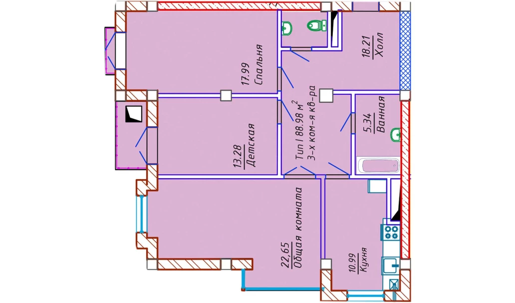 3-xonali xonadon 88.98 m²  7/10 qavat