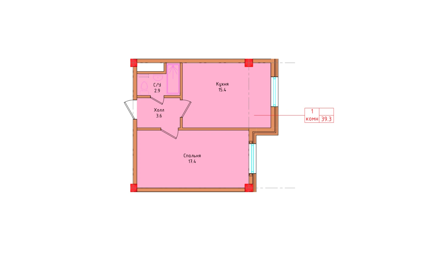 1-комнатная квартира 39.3 м²  1/1 этаж