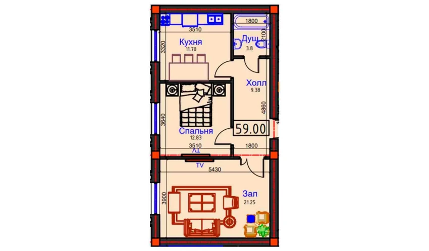 2-комнатная квартира 59 м²  1/1 этаж