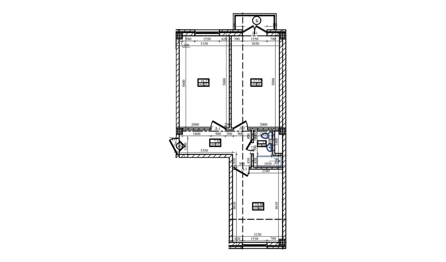 2-xonali xonadon 62.9 m²  3/3 qavat