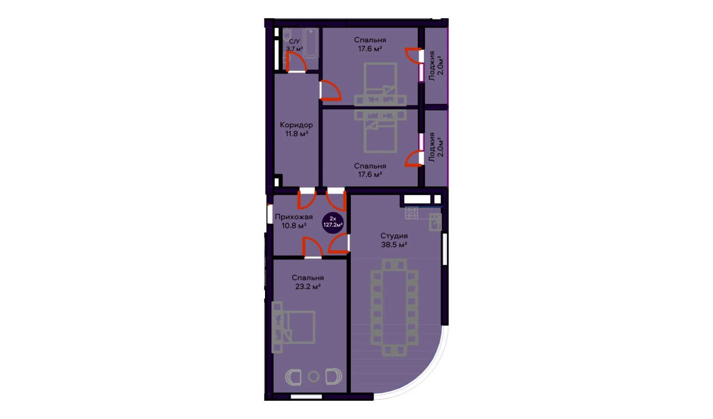 2-комнатная квартира 127.2 м²  4/4 этаж