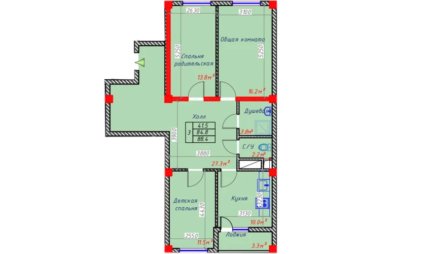 3-комнатная квартира 88.4 м²  5/9 этаж | Жилой комплекс Hakimi Towers