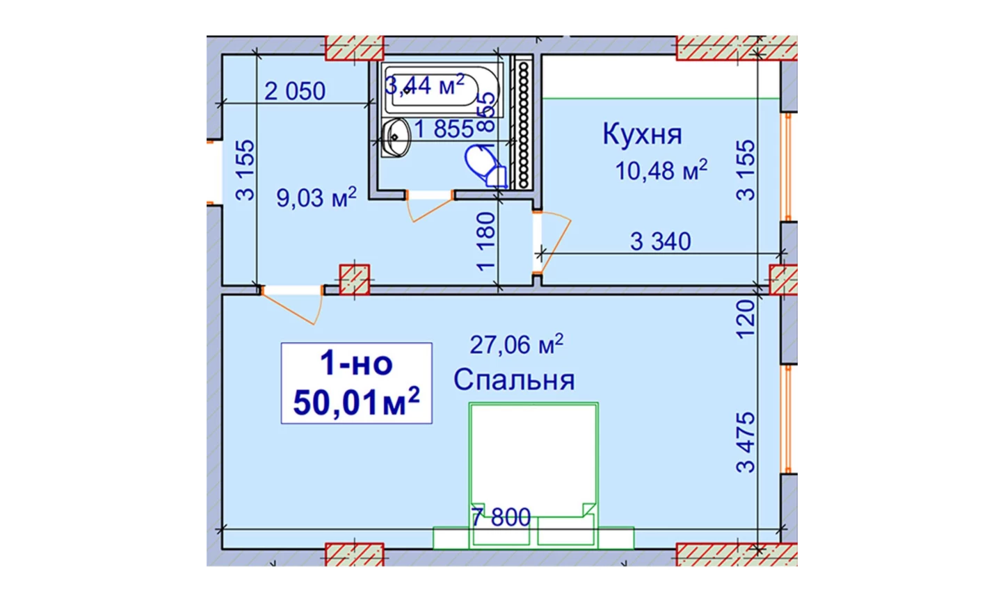 1-xonali xonadon 50.01 m²  1/1 qavat