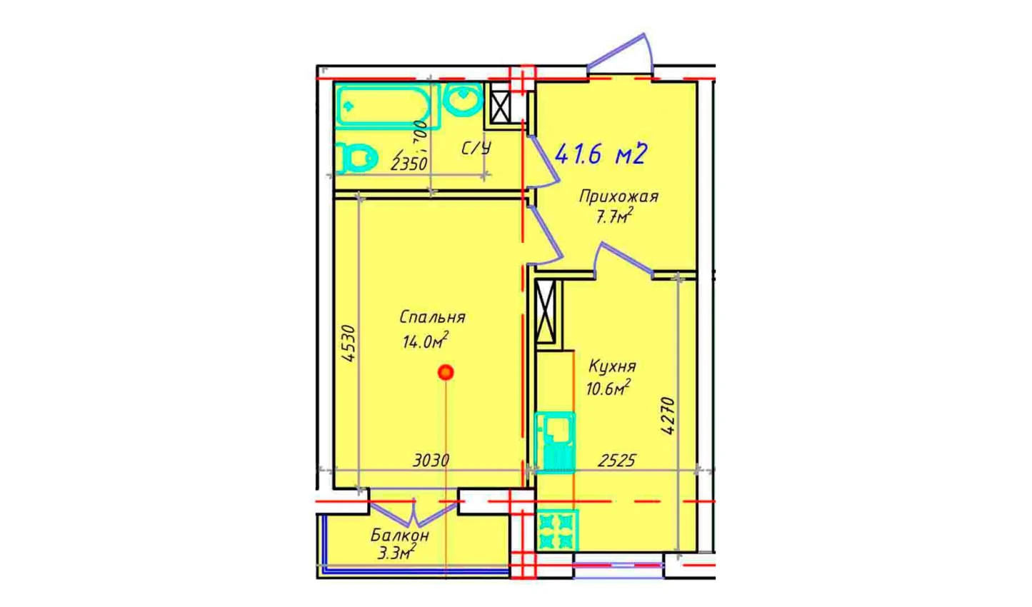 1-комнатная квартира 41.6 м²  4/4 этаж