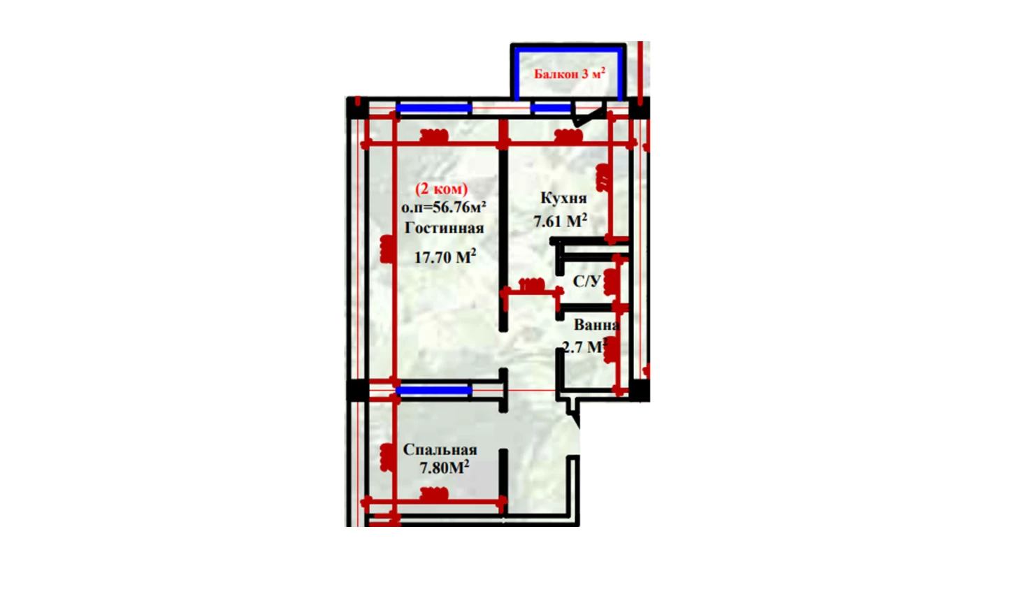 2-xonali xonadon 56.76 m²  2-9/2-9 qavat