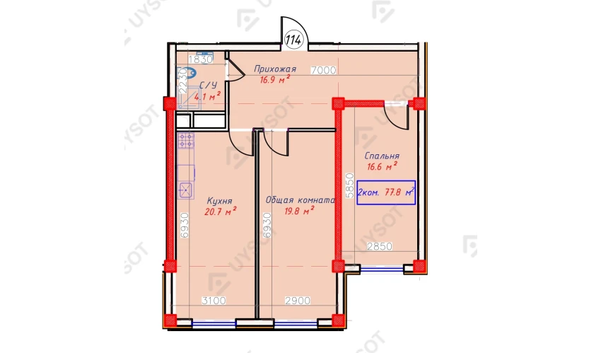 2-xonali xonadon 77.8 m²  1/1 qavat