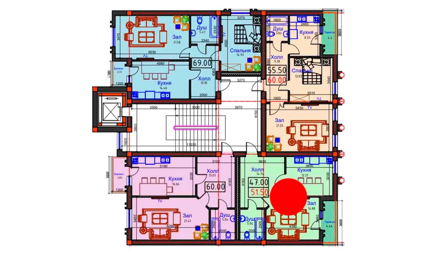 1-комнатная квартира 51.5 м²  9/9 этаж