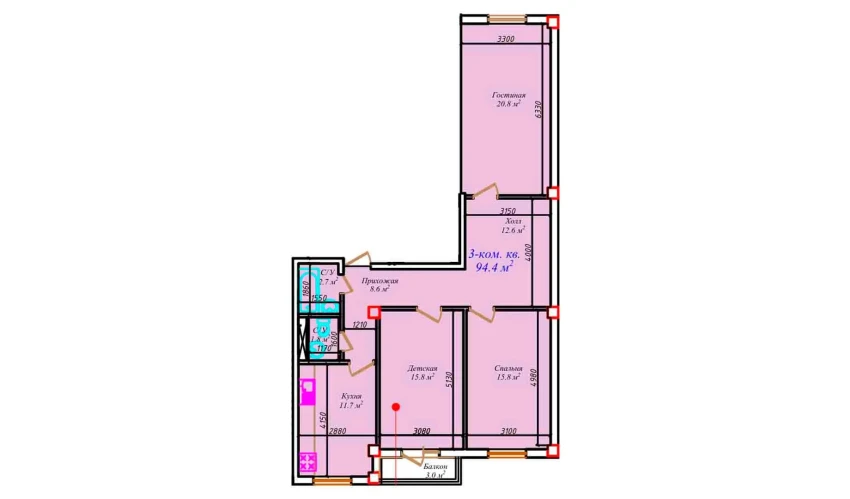 3-комнатная квартира 94.4 м²  6/7 этаж | Жилой комплекс CHIRCHIQ CITY