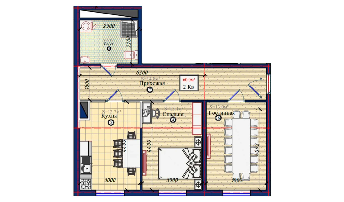 2-xonali xonadon 60 m²  1/1 qavat