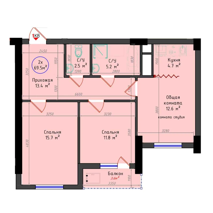 2-xonali xonadon 69.5 m²  2/23 qavat | Brilliant City Turar-joy majmuasi