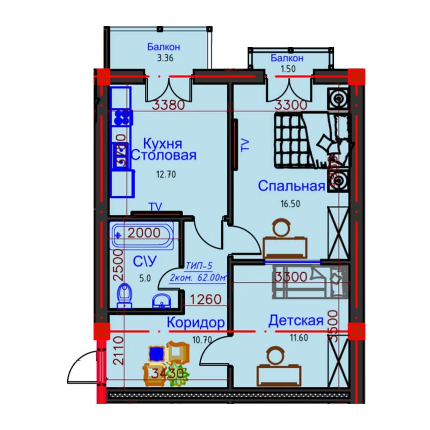 2-комн. квартира 62 м²  10/10 этаж