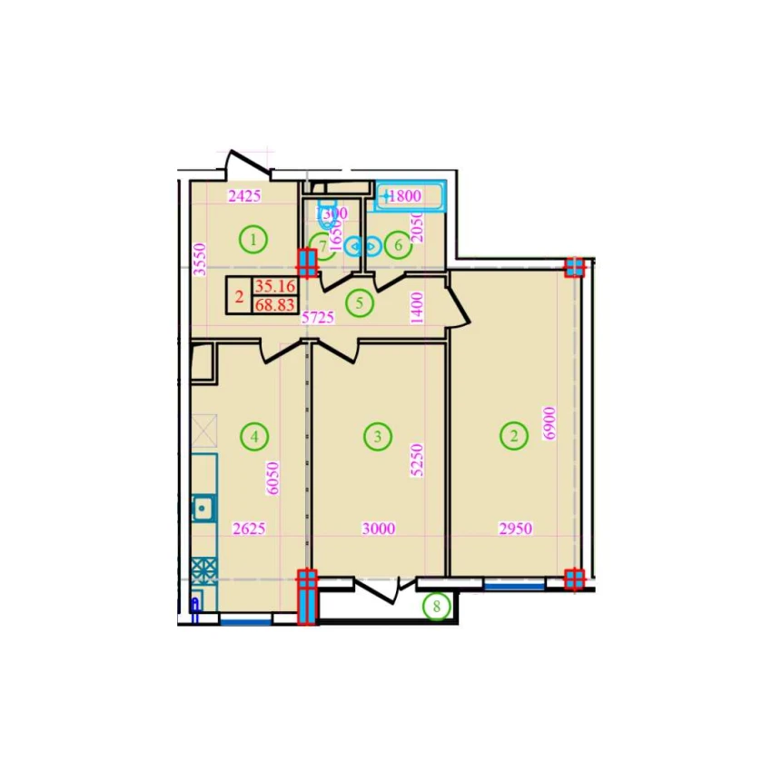 2-xonali xonadon 68.83 m²  5/9 qavat | Bog’zor Turar-joy majmuasi