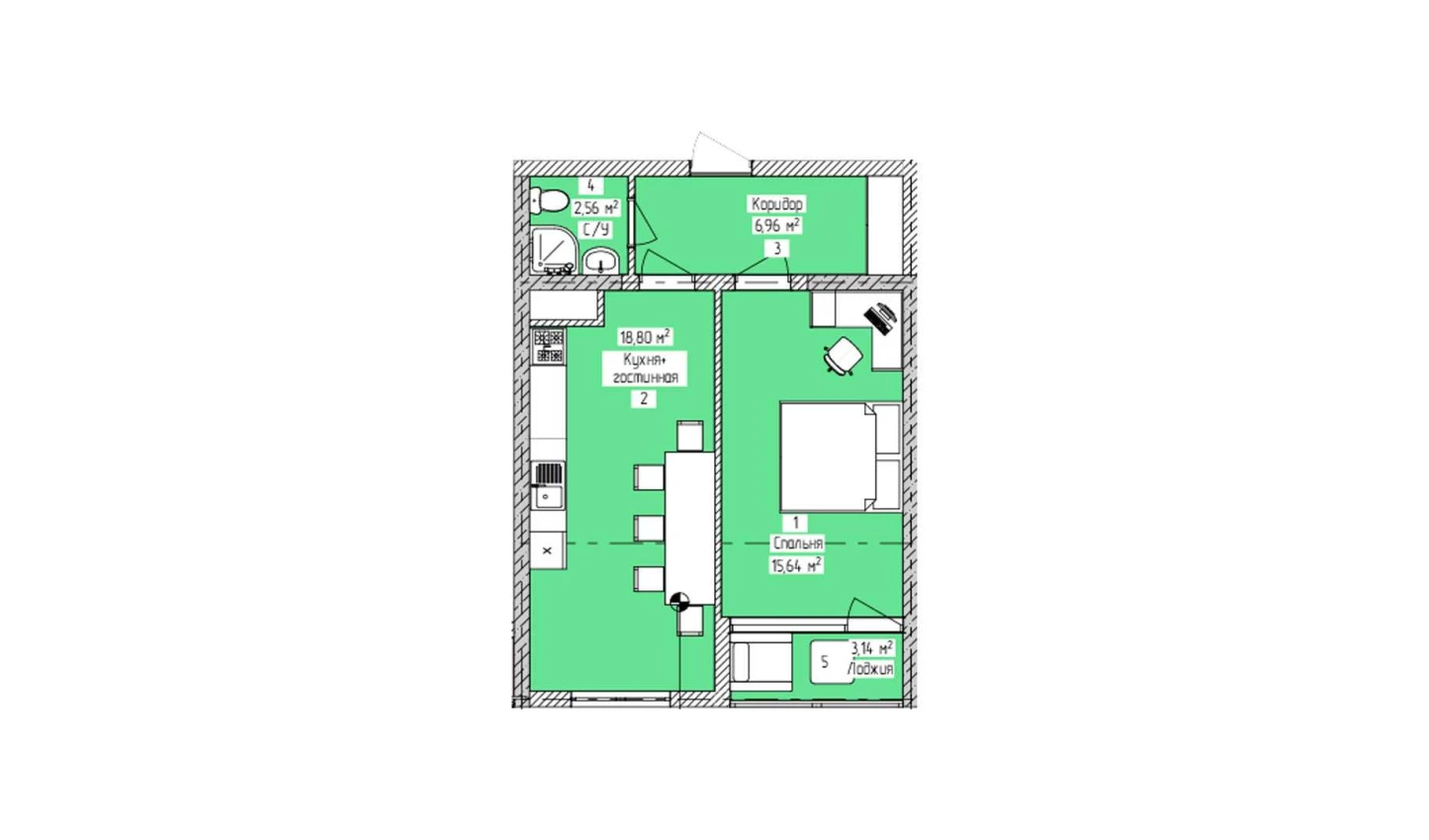 2-комнатная квартира 47.04 м²  3/3 этаж