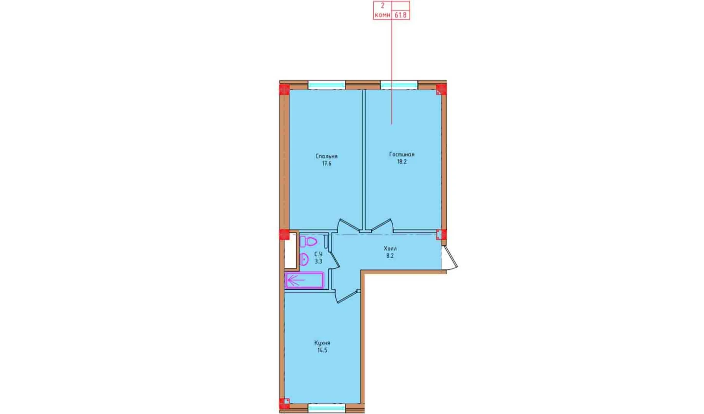 2-комнатная квартира 61.8 м²  1/1 этаж