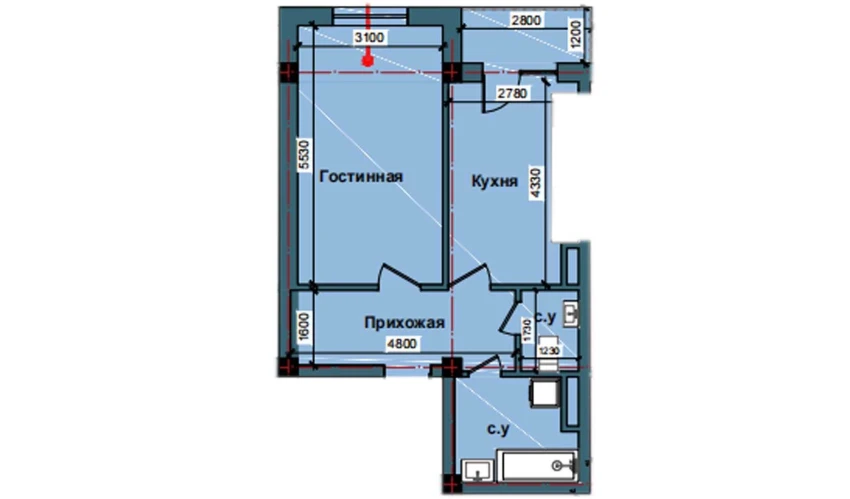 1-xonali xonadon 49.8 m²  6/6 qavat