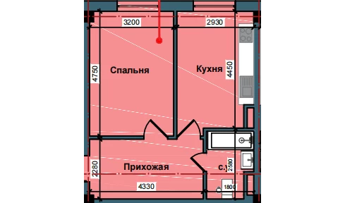 1-комнатная квартира 43.8 м²  2/2 этаж