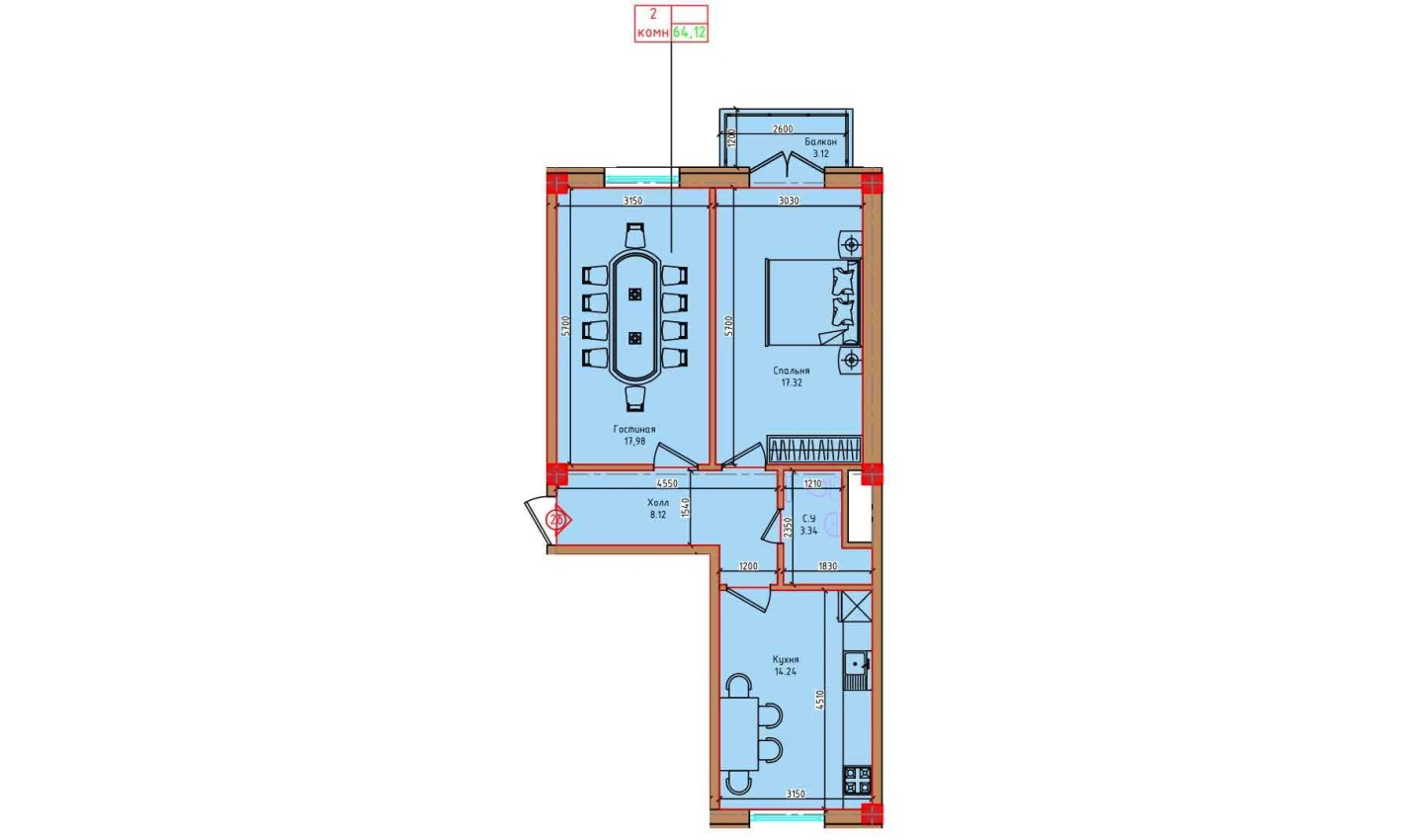 2-xonali xonadon 61 m²  2/2 qavat