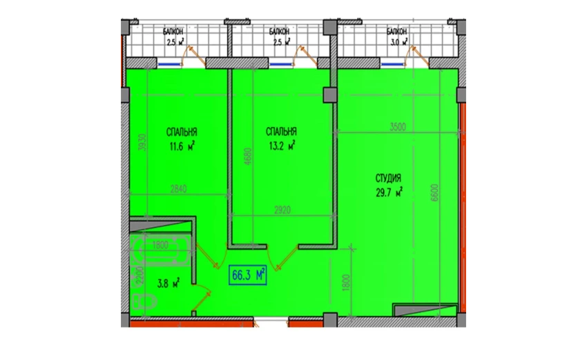 3-xonali xonadon 66.3 m²  9/9 qavat