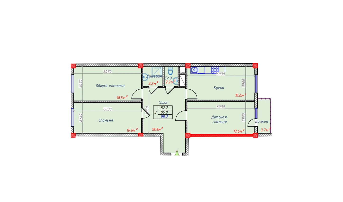 3-комнатная квартира 98.7 м²  9/9 этаж