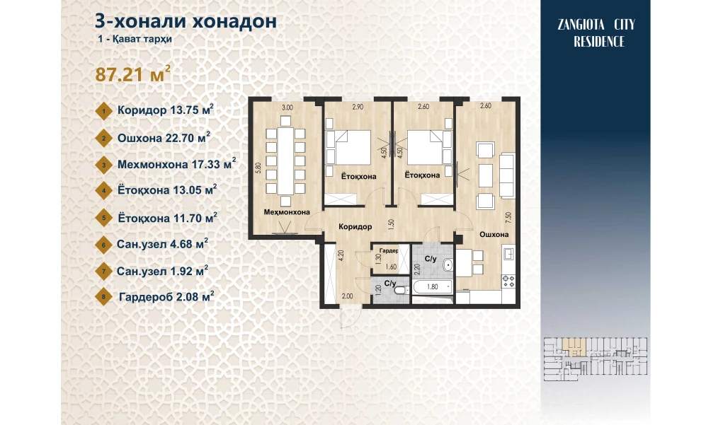 3-комнатная квартира 87.21 м²  1/1 этаж