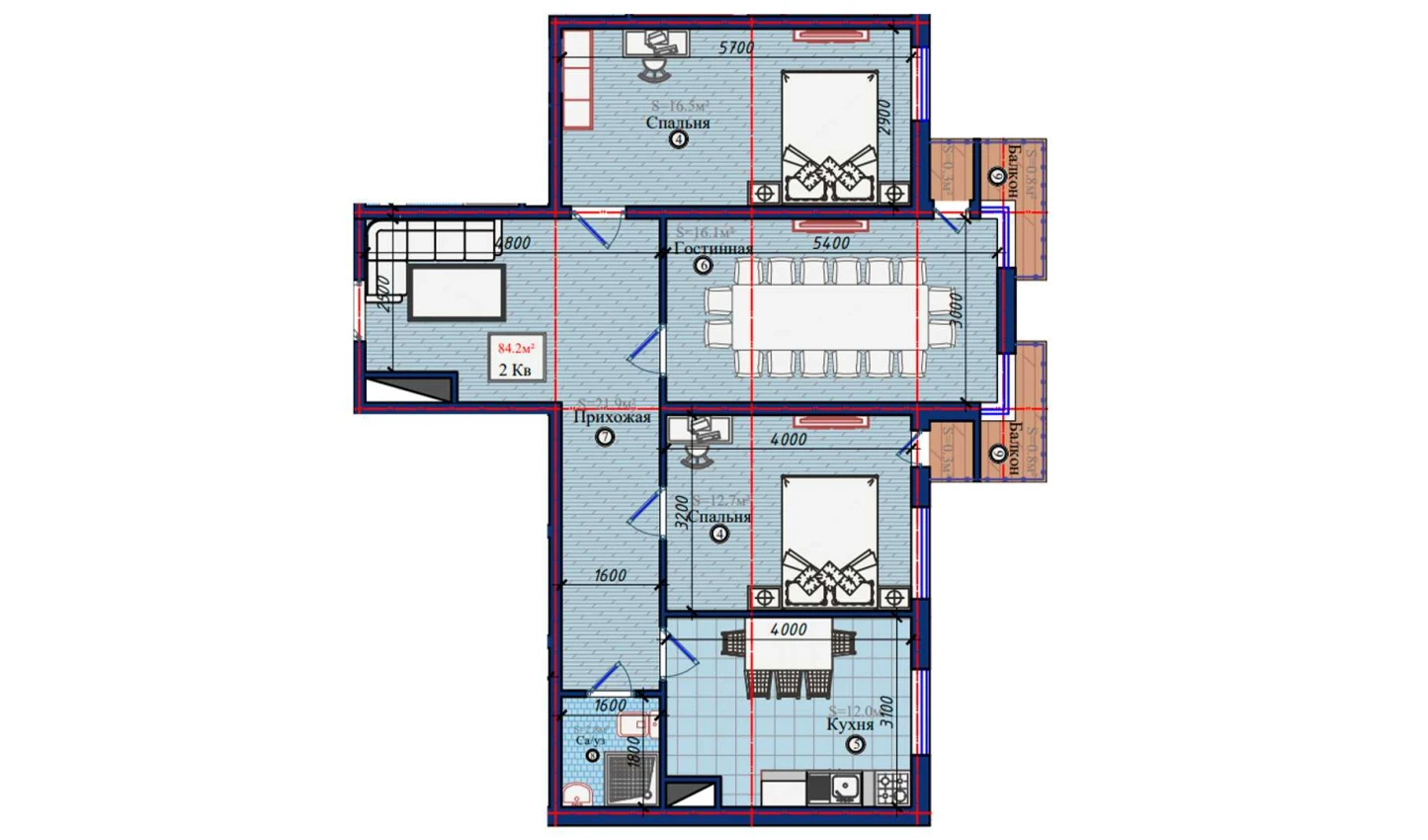 2-комнатная квартира 84.2 м²  1/1 этаж