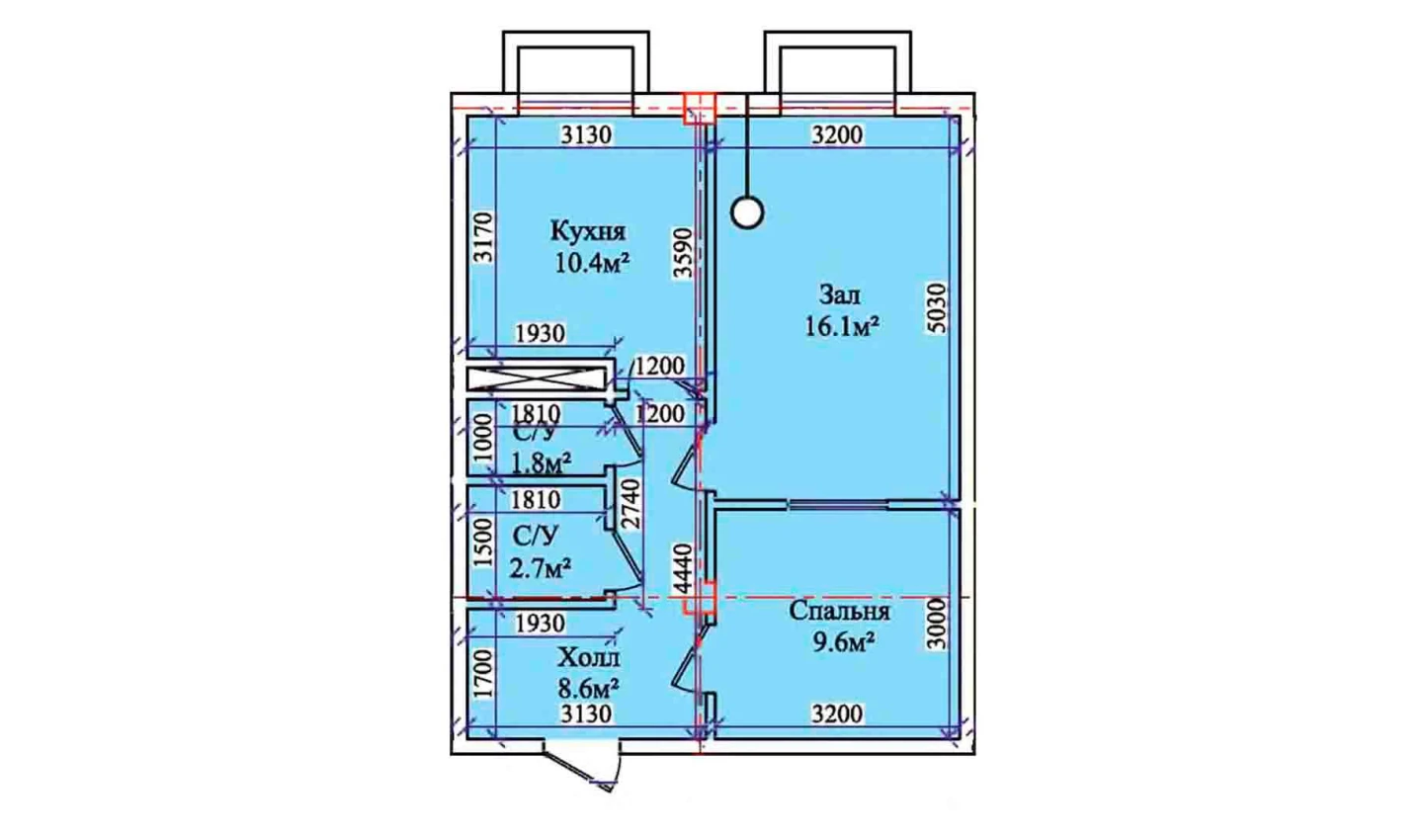 2-комнатная квартира 51.5 м²  1/1 этаж