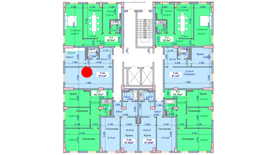 1-комнатная квартира 51.1 м²  1/1 этаж