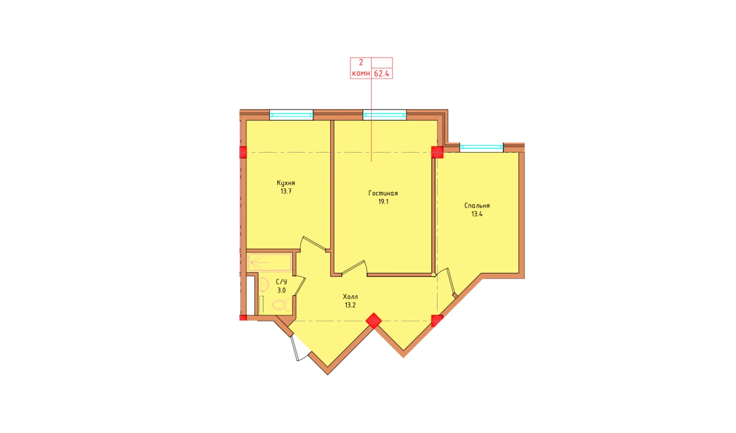 2-комнатная квартира 62.4 м²  8/8 этаж