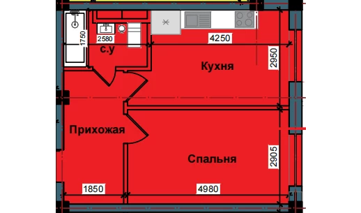 1-комнатная квартира 41.4 м²  1/1 этаж