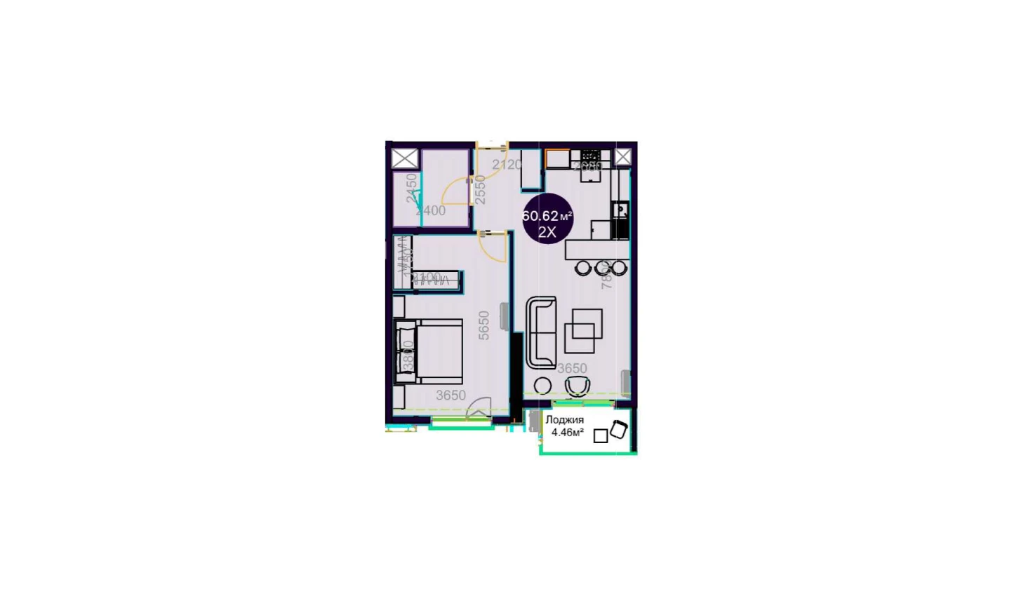 2-xonali xonadon 60.62 m²  11/11 qavat