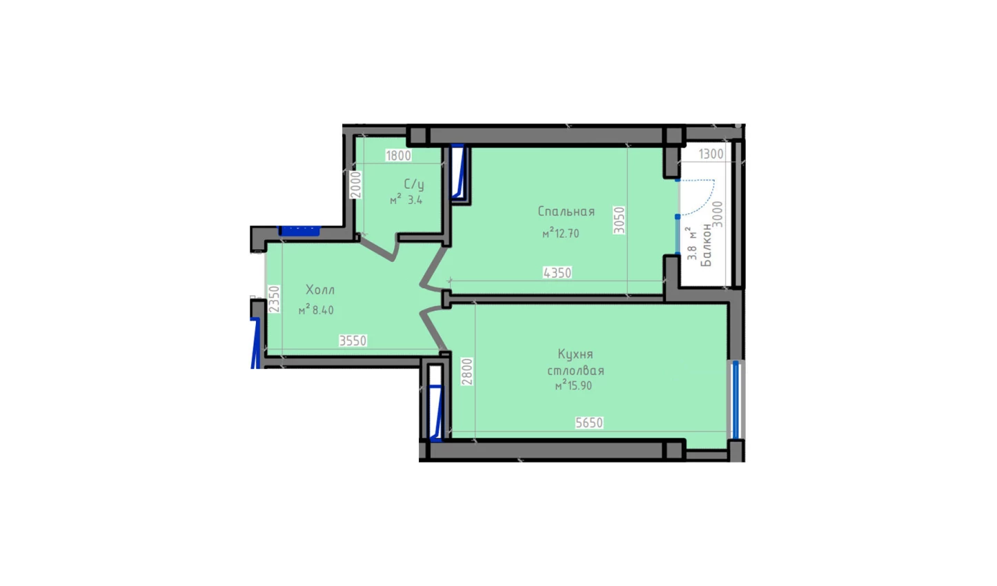 1-xonali xonadon 42.9 m²  12/12 qavat