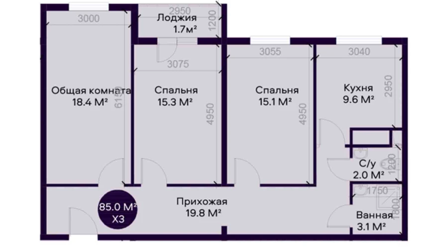 3-комнатная квартира 85 м²  3/3 этаж