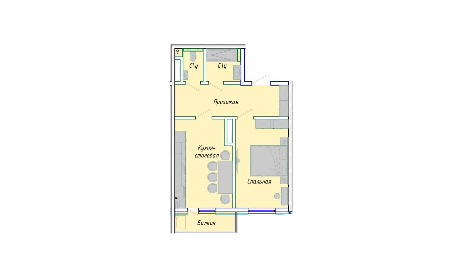 1-комнатная квартира 45.52 м²  1/1 этаж