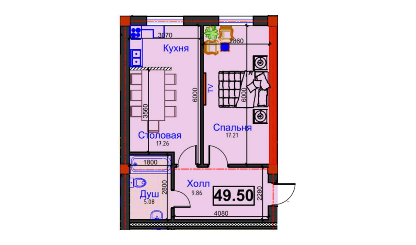 1-комнатная квартира 49.5 м²  1/1 этаж