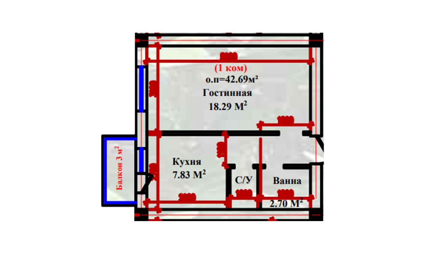 1-xonali xonadon 42.69 m²  2-7/2-7 qavat