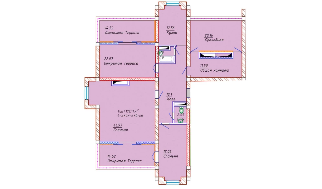 4-комнатная квартира 178.11 м²  10/10 этаж