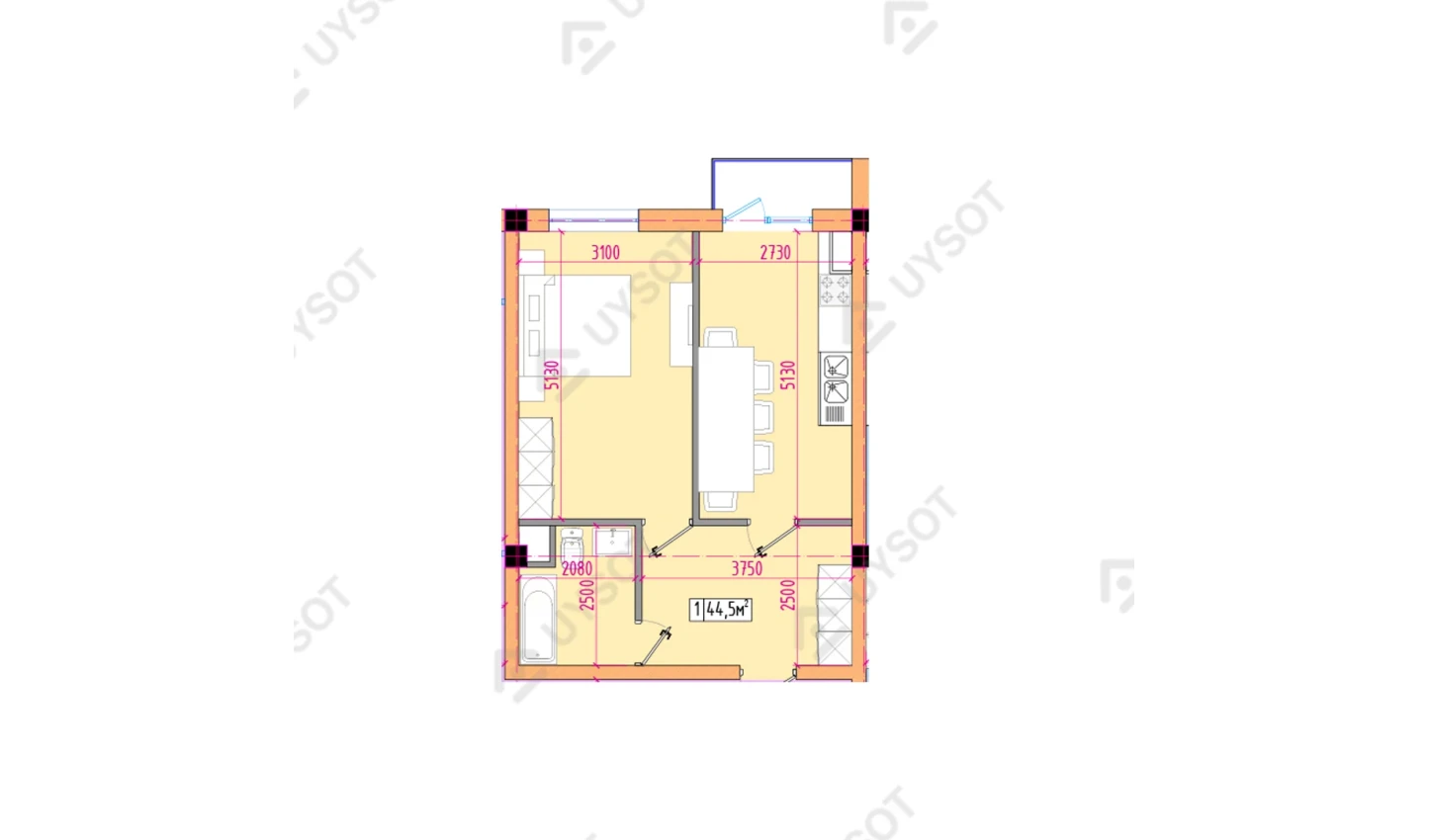 1-xonali xonadon 44.5 m²  12/12 qavat