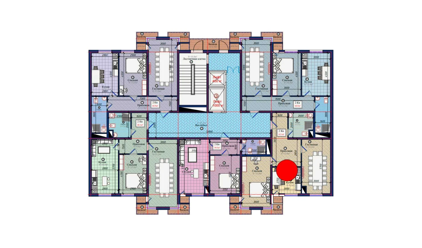 2-комнатная квартира 62.1 м²  3/3 этаж