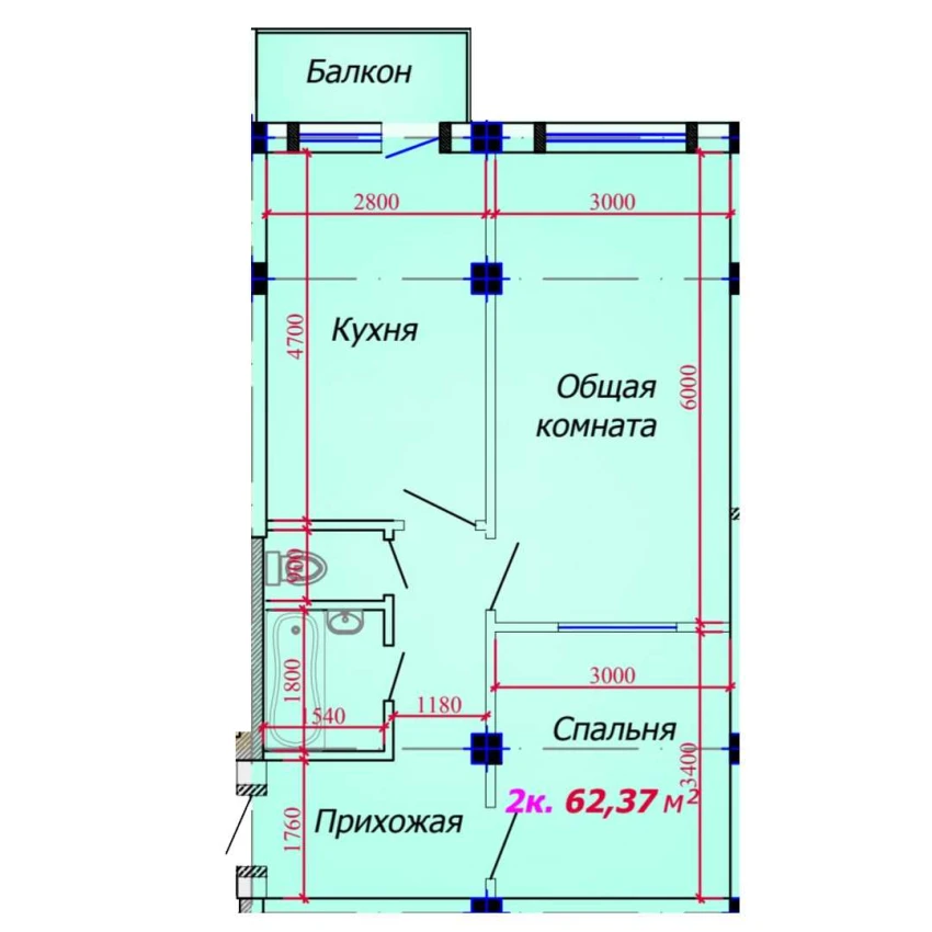 2-xonali xonadon 62.37 m²  4/9 qavat | VATAN Turar-joy majmuasi