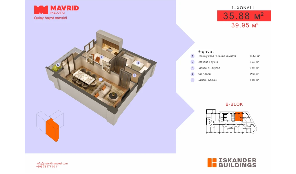 1-комнатная квартира 35.88 м²  9/9 этаж