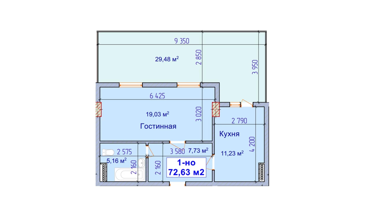 1-xonali xonadon 43.15 m²  2/2 qavat