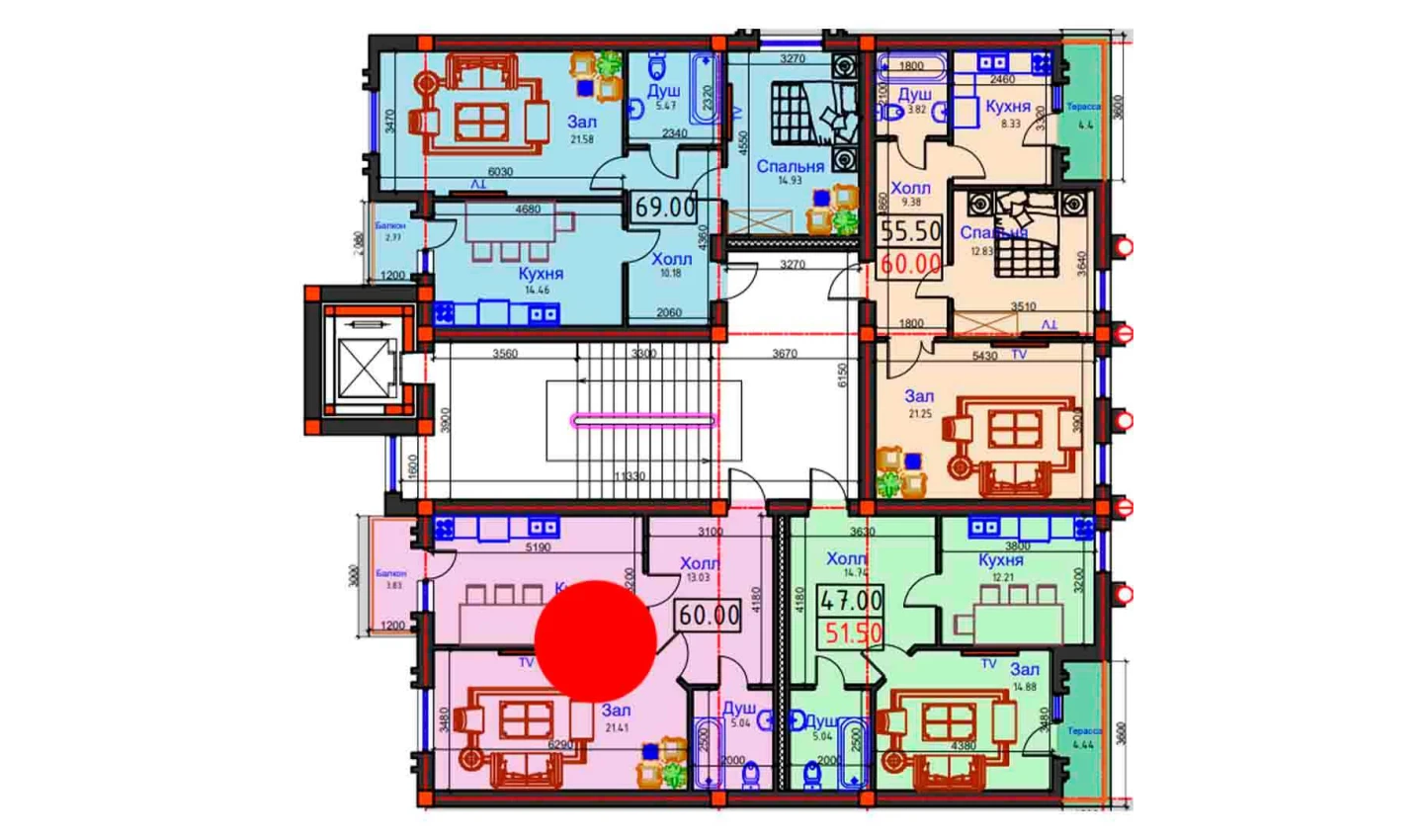 1-комнатная квартира 60 м²  9/9 этаж