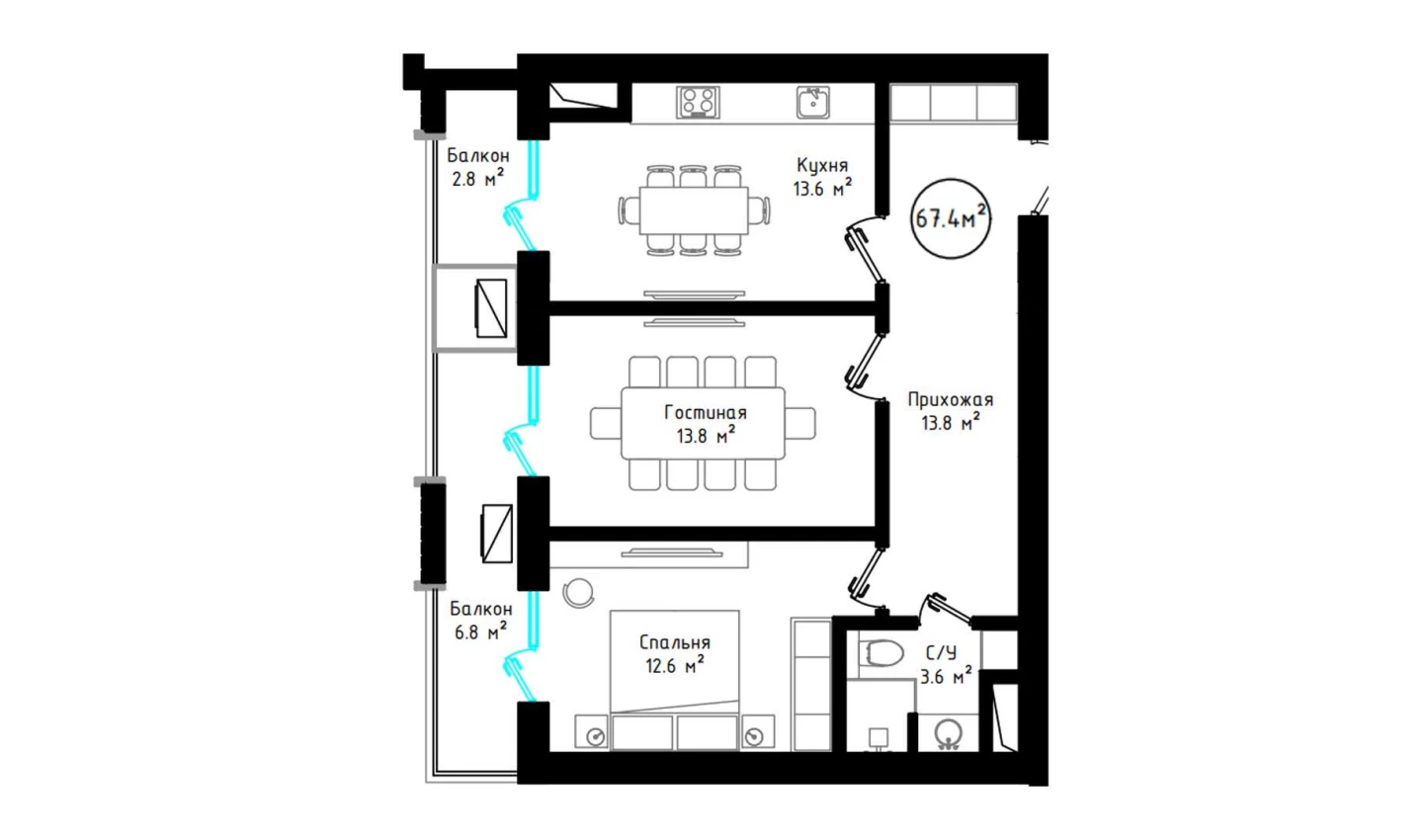 2-xonali xonadon 67.4 m²  8/8 qavat