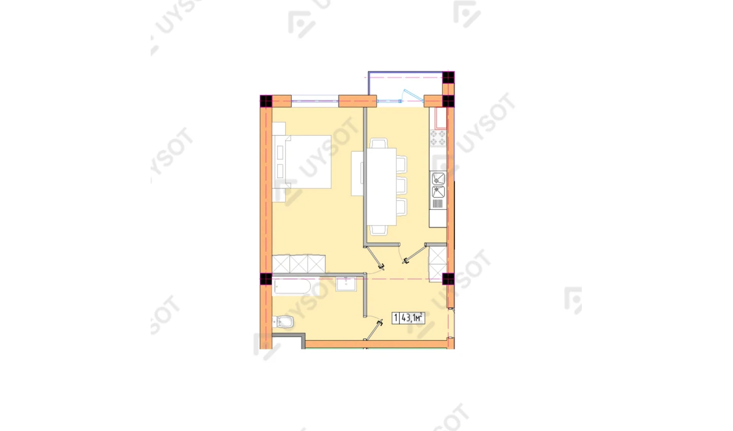 1-комнатная квартира 43.1 м²  2-11/2-11 этаж