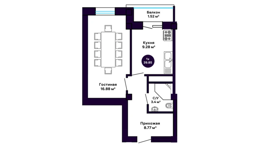 1-комнатная квартира 39.85 м²  3/3 этаж