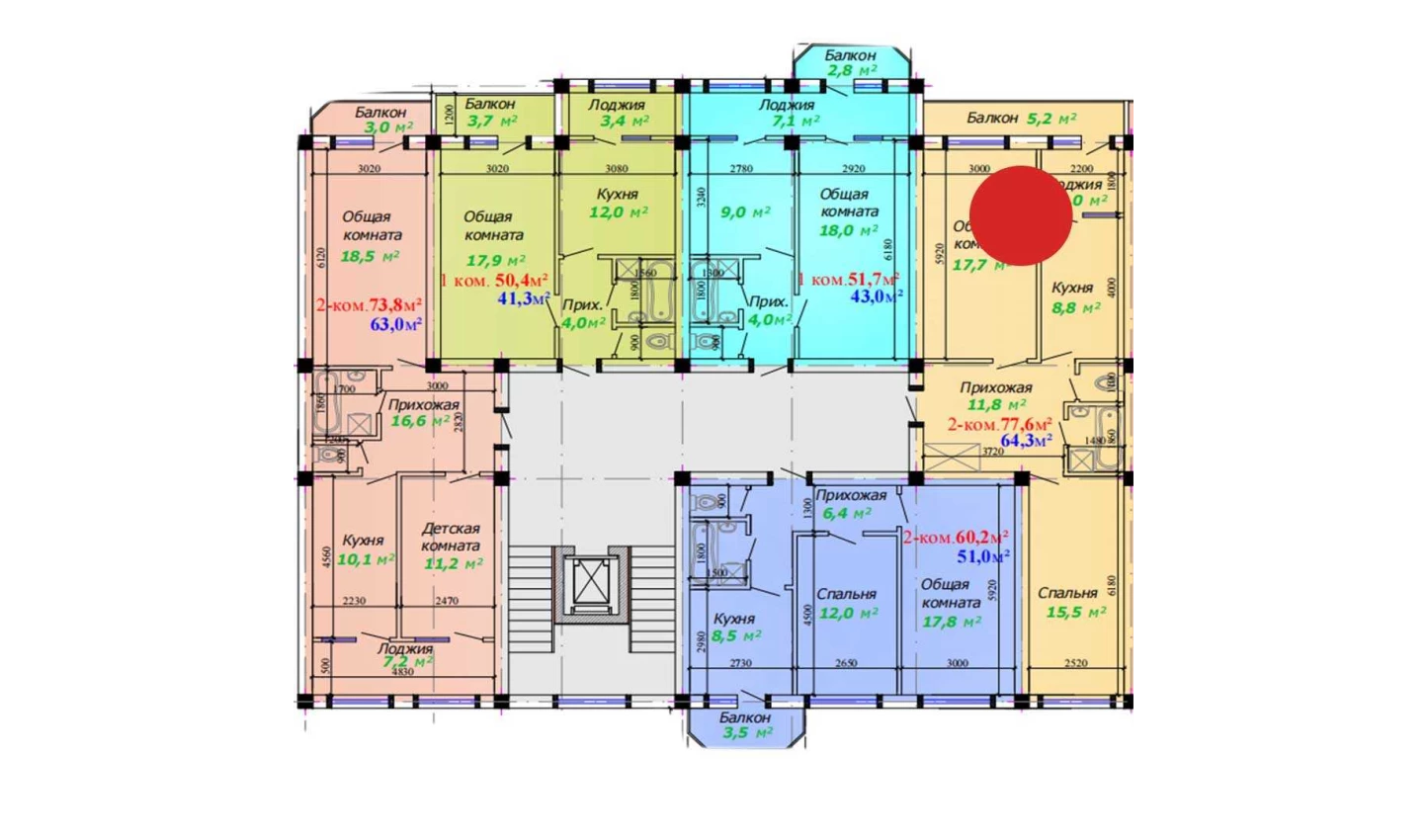 2-xonali xonadon 77.6 m²  4/4 qavat